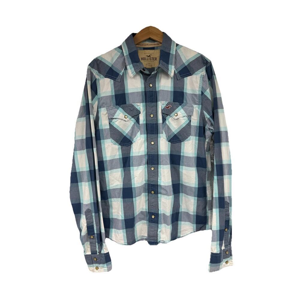 Hollister Pearl Snap Button Up Western Style‎ Shirt Cotton Men XL Blue Plaid Y2K